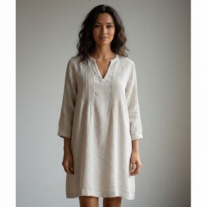 Tahari 100% Linen Pintuck Tunic Blouse Coastal Medium Tan